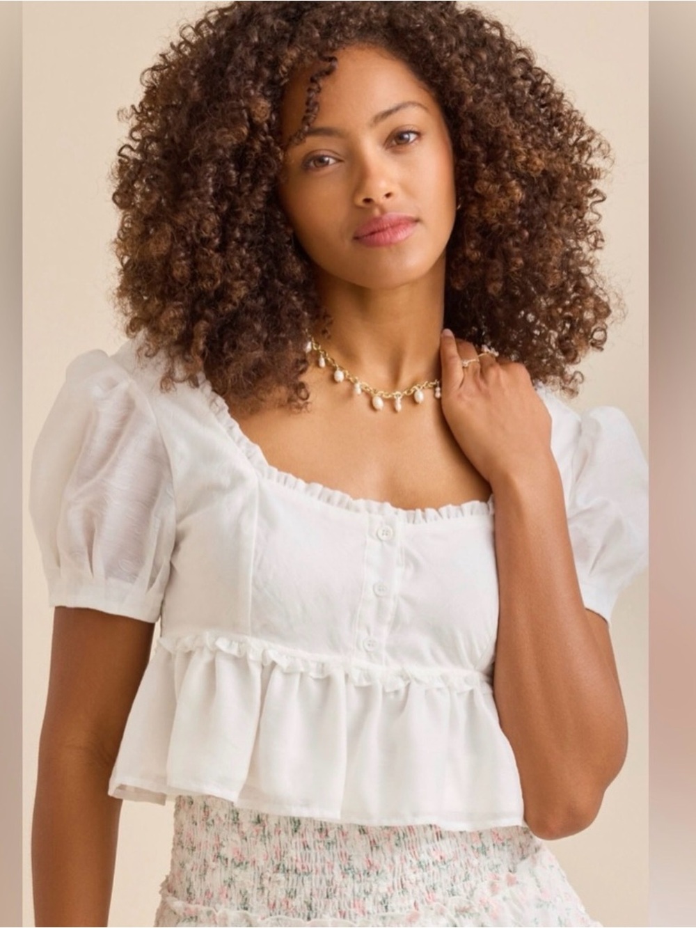 Altar'd State White Puff-Sleeve Peplum Blouse Lindsay Babydoll Crop Top XS